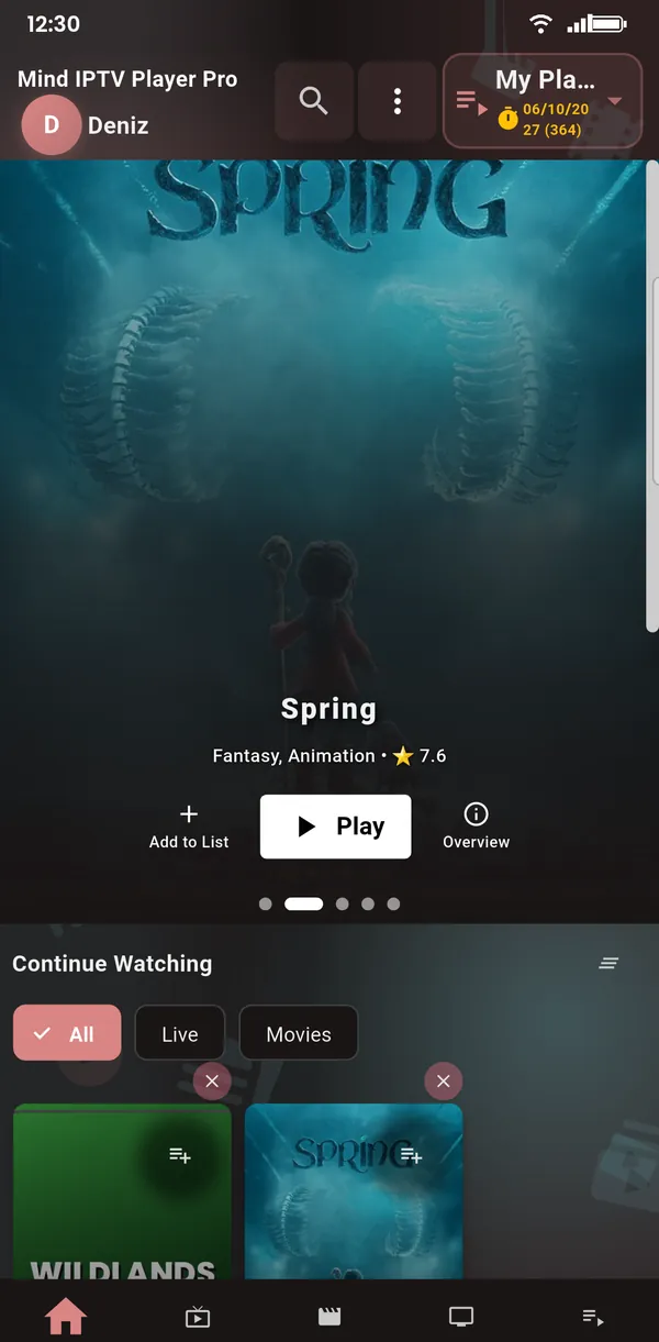 Mind IPTV Player home screen on a phone