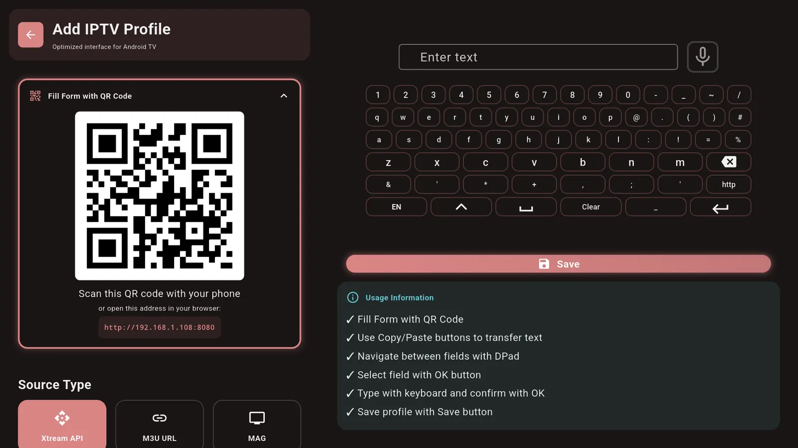 Add playlist form with QR code on Android TV