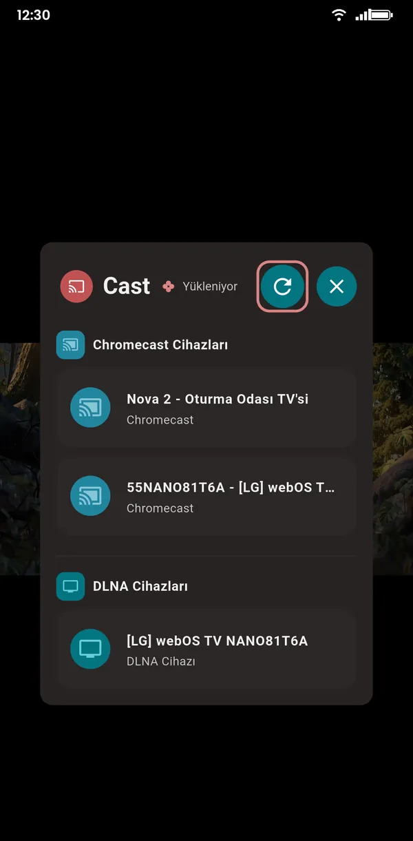Chromecast ve DLNA cihazlarını gösteren yansıtma penceresi