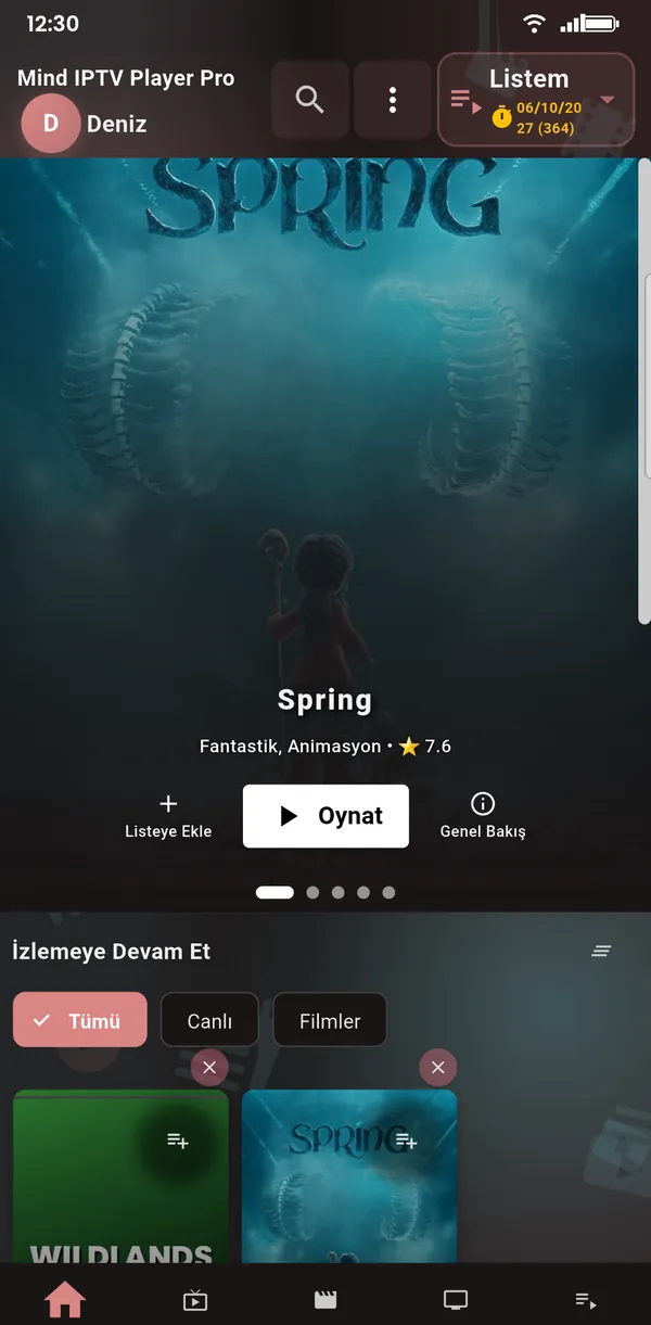 Telefonda Mind IPTV Player ana ekranı