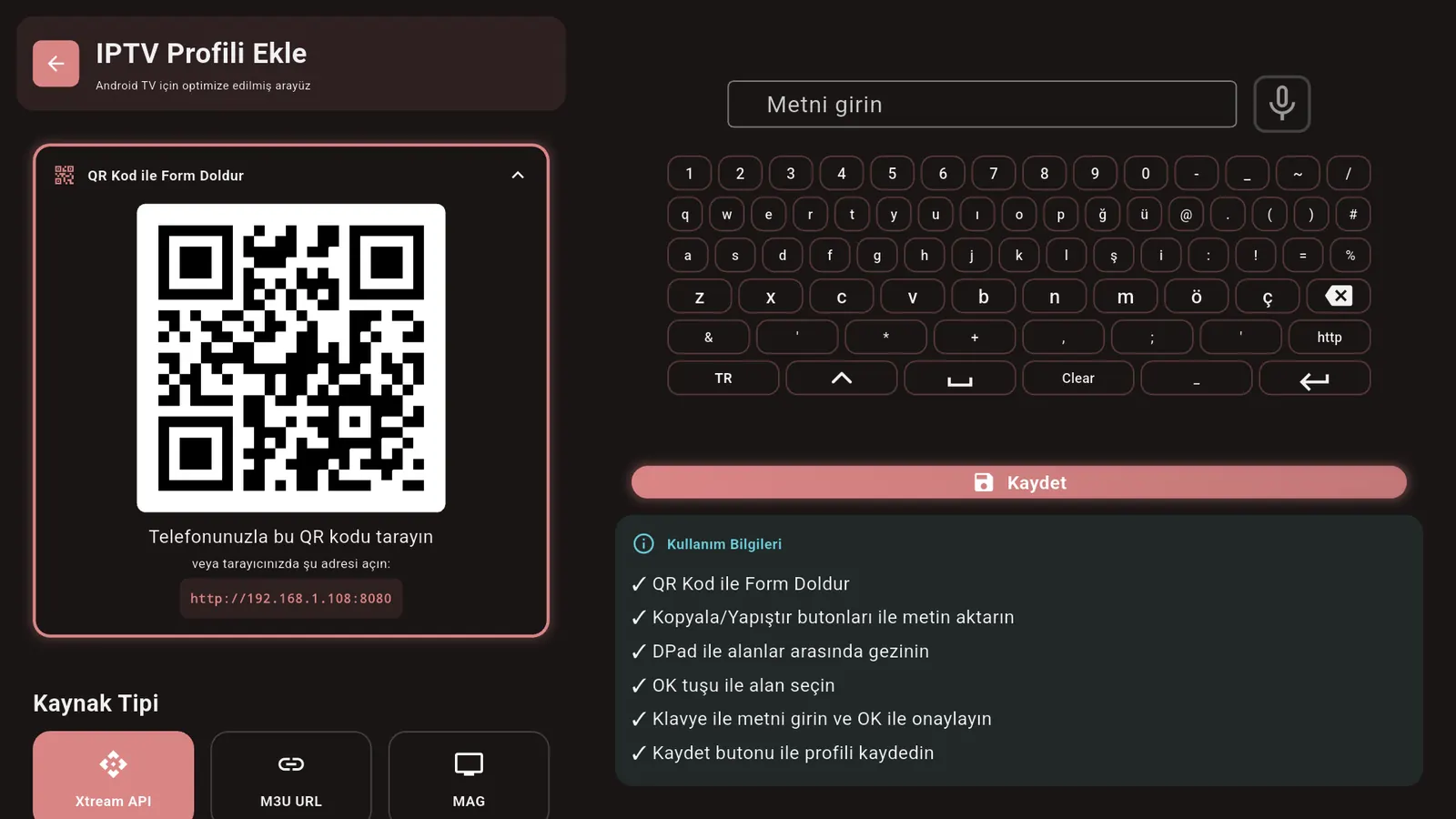 Android TV'de QR kodlu liste ekleme formu